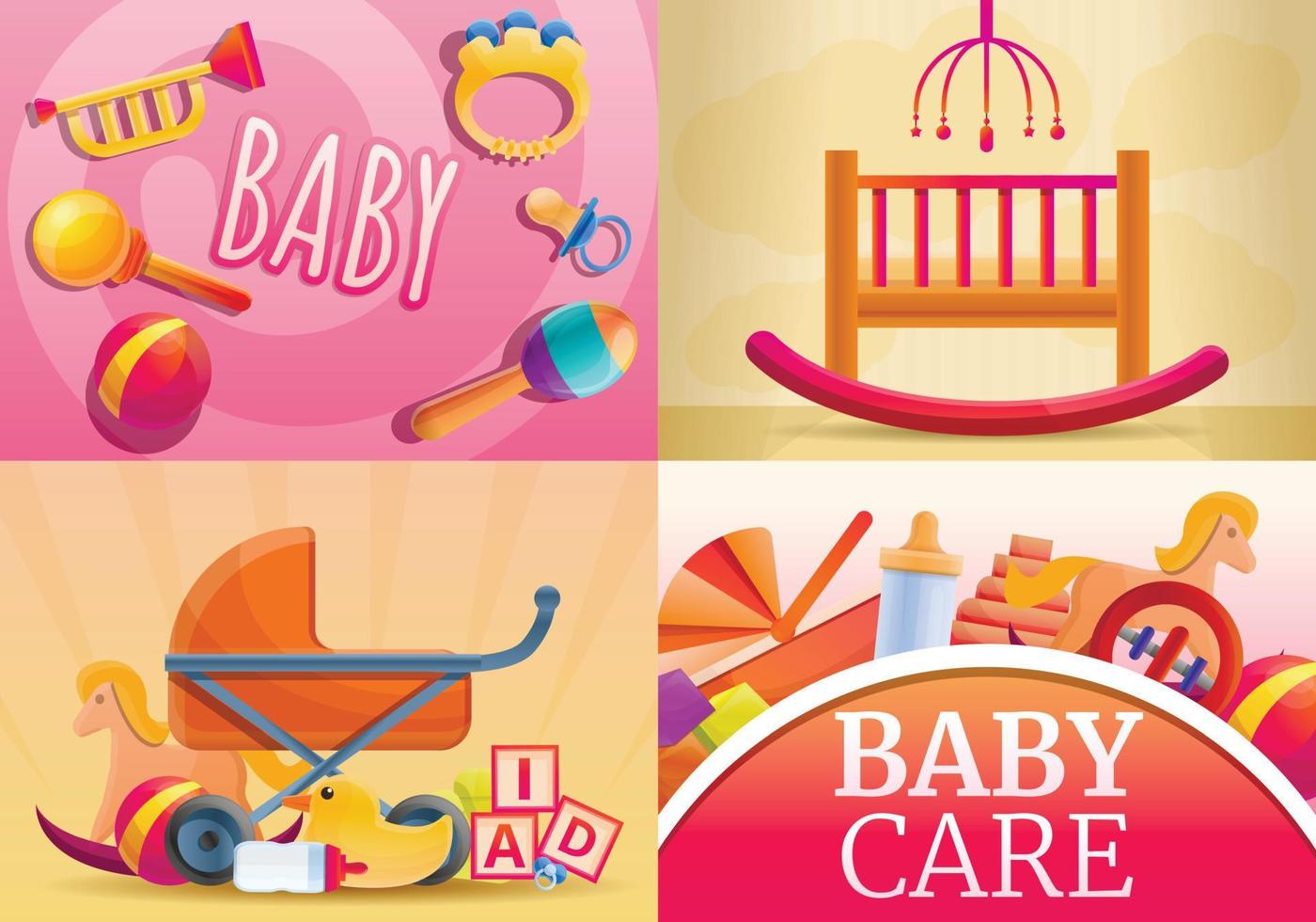 Care baby items banner set, cartoon style vector