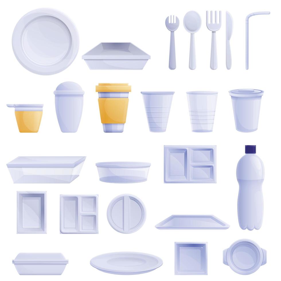 Plastic tableware icons set, cartoon style vector