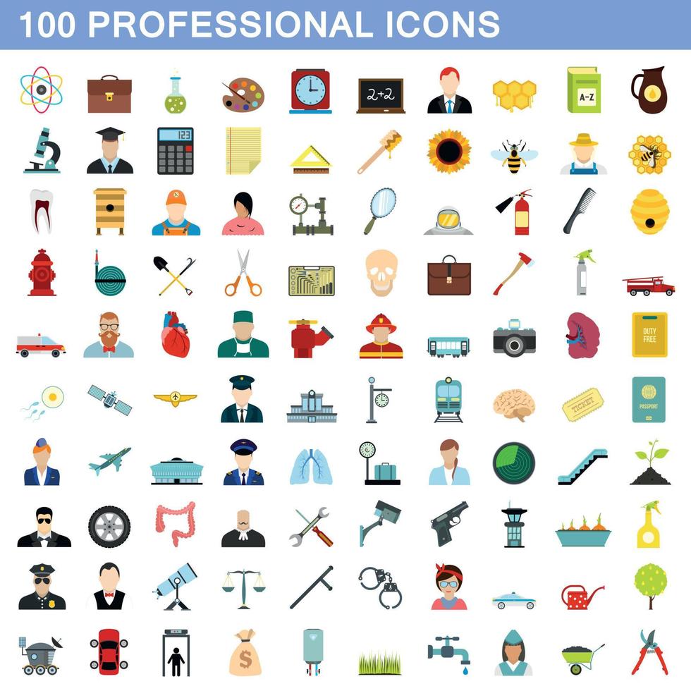 100 iconos profesionales, estilo plano vector