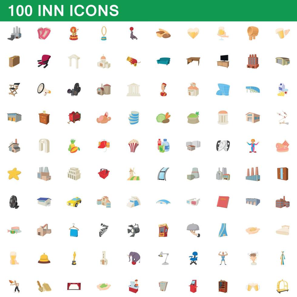 100 posada, conjunto de iconos de estilo de dibujos animados vector