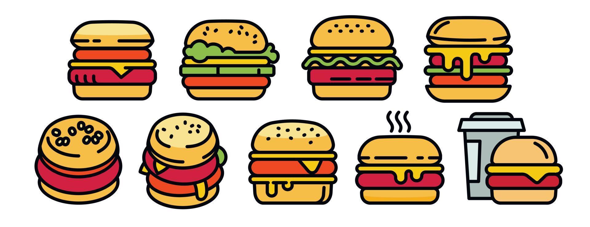 Burger icons set, outline style vector