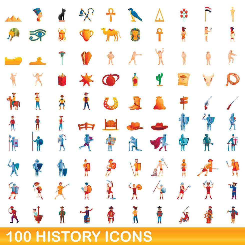 100 history icons set, cartoon style vector