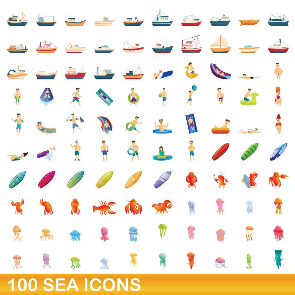 100 mar, conjunto de iconos de estilo de dibujos animados vector