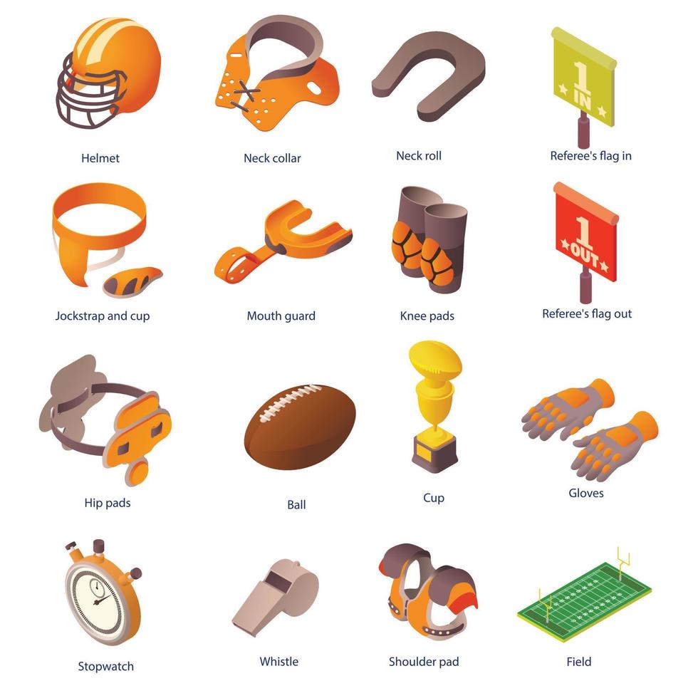 American football equipment icons set, isometric style vector