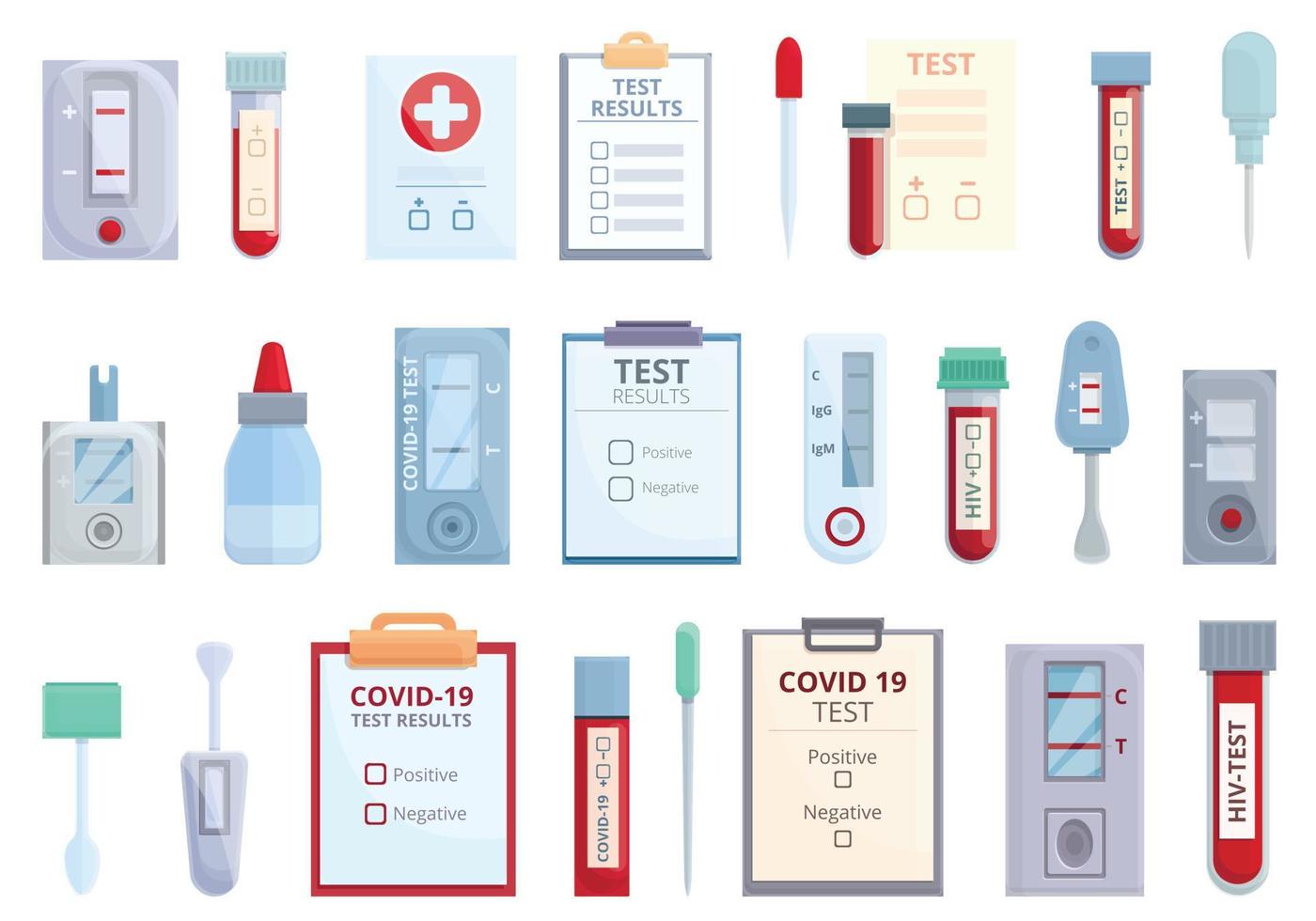 Test result icons set, cartoon style vector
