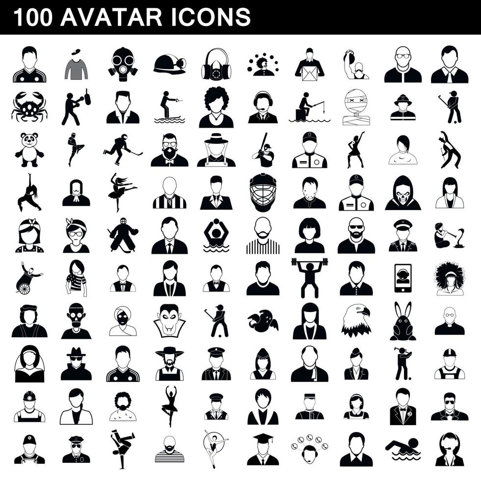 100 avatar icons set, simple style vector