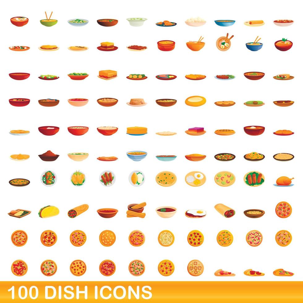 100 platos, conjunto de iconos de estilo de dibujos animados vector