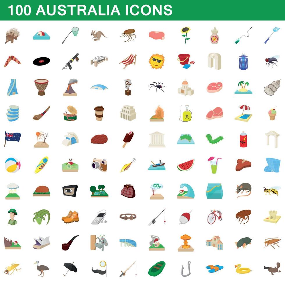 100 conjunto de iconos de Australia, estilo de dibujos animados vector