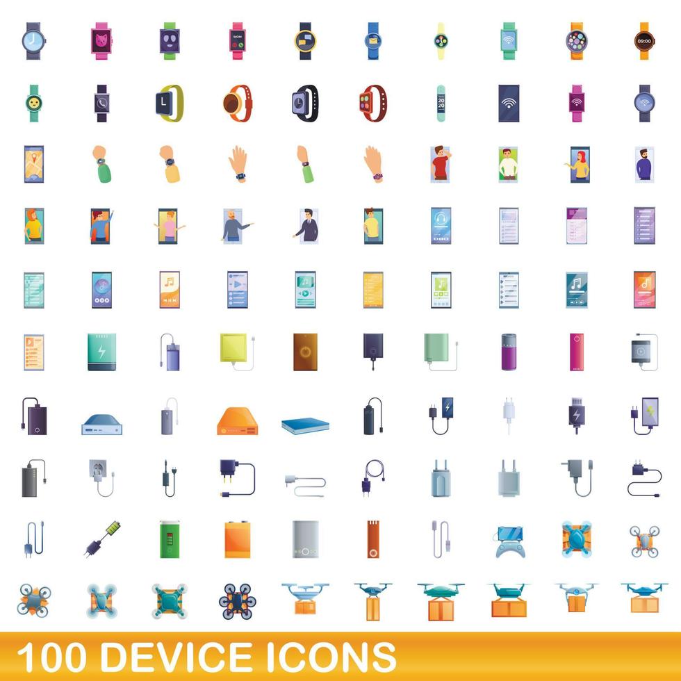 100 device icons set, cartoon style vector