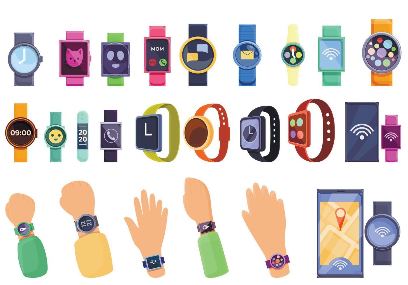 Conjunto de iconos de reloj inteligente para niños, estilo de dibujos animados vector