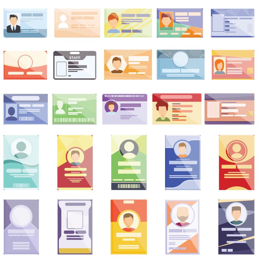 Id card icons set, cartoon style vector