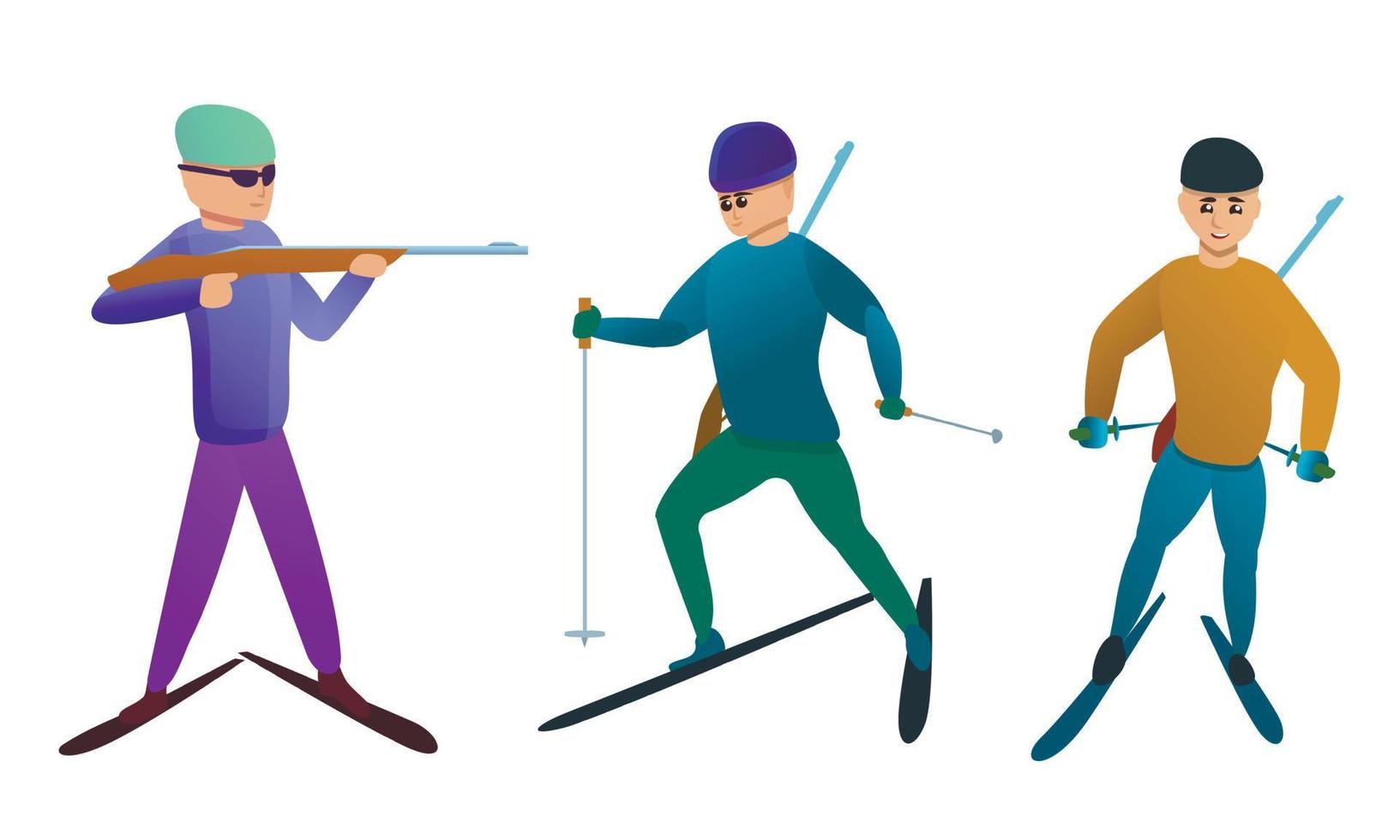 Biathlon icons set, cartoon style vector