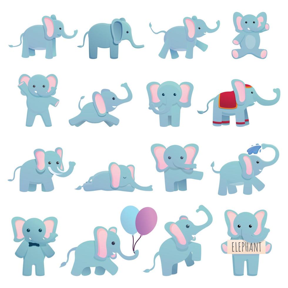 Elephant icons set, cartoon style vector