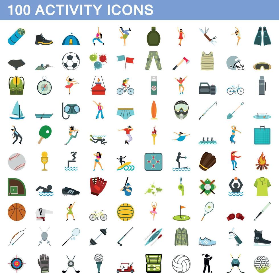 100 activity icons set, flat style vector