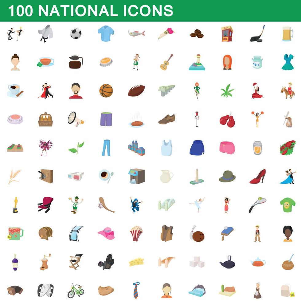 100 national icons set, cartoon style vector