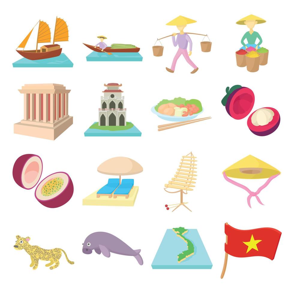 Vietnam icons set, cartoon style vector