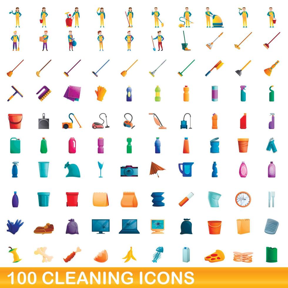 100 iconos de limpieza, estilo de dibujos animados vector