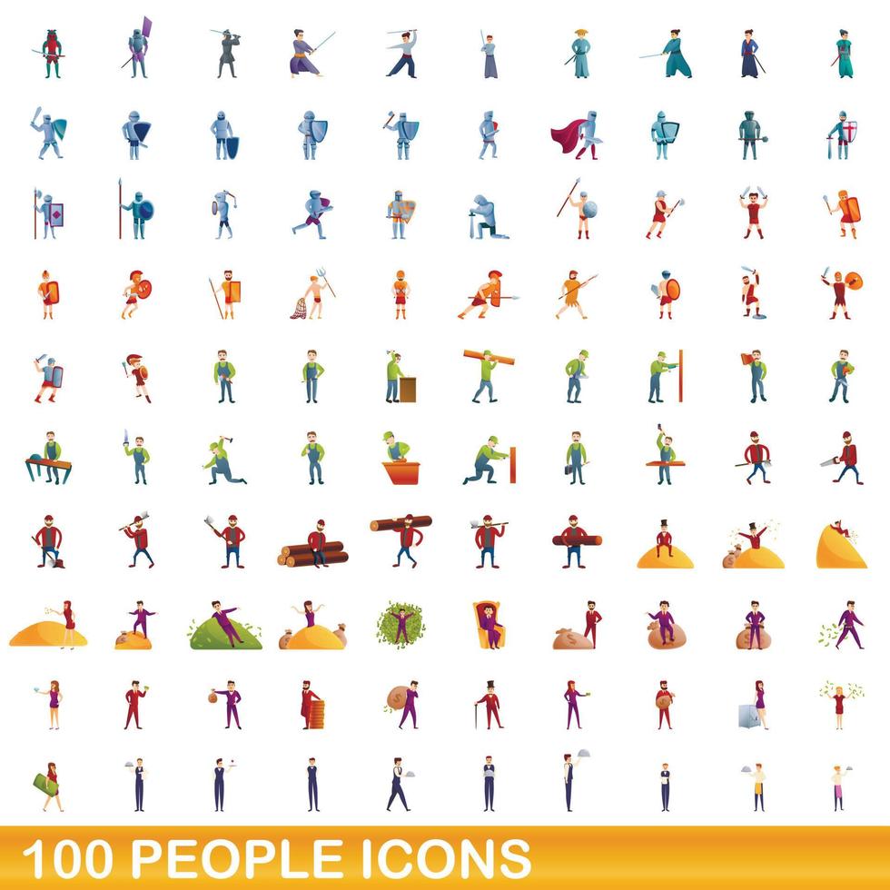 100 people icons set, cartoon style vector