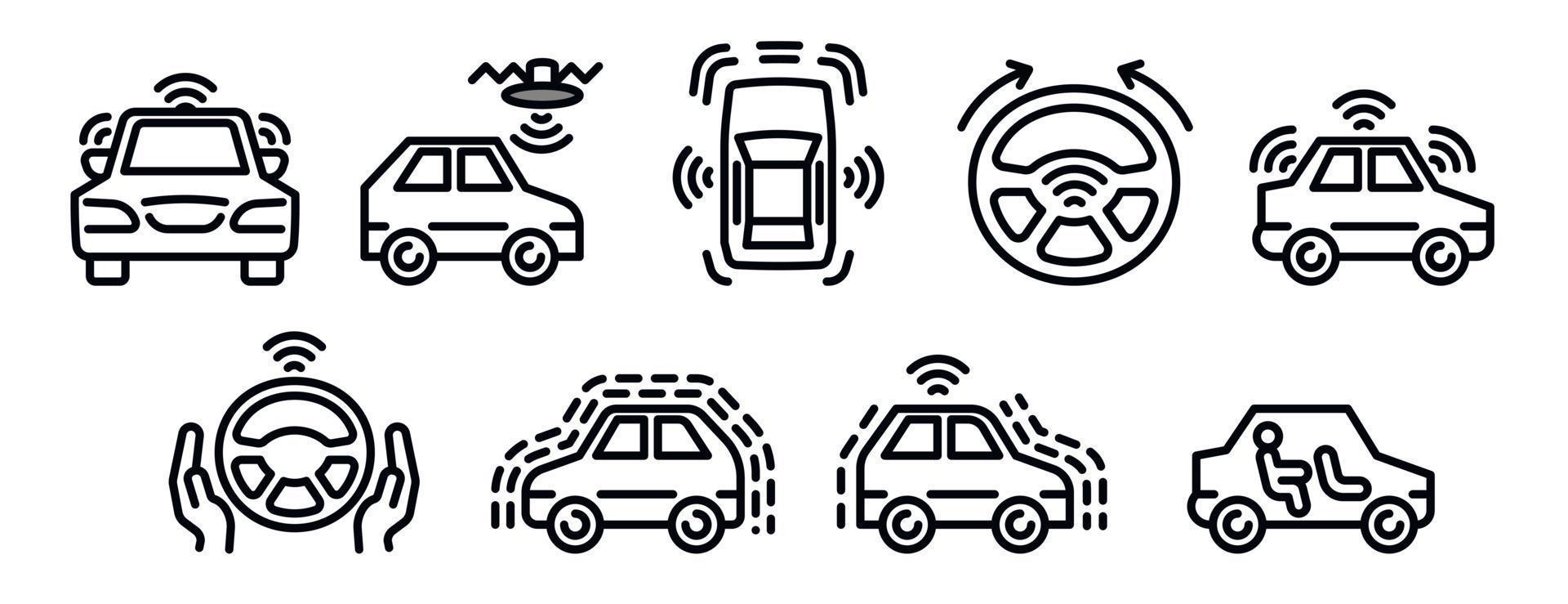 Driverless car icons set, outline style vector