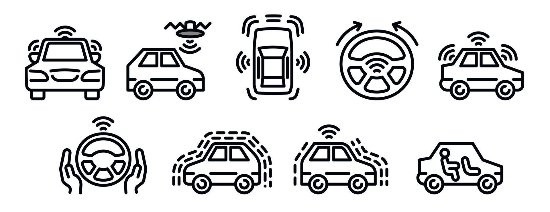 conjunto de iconos de coche sin conductor, estilo de contorno vector