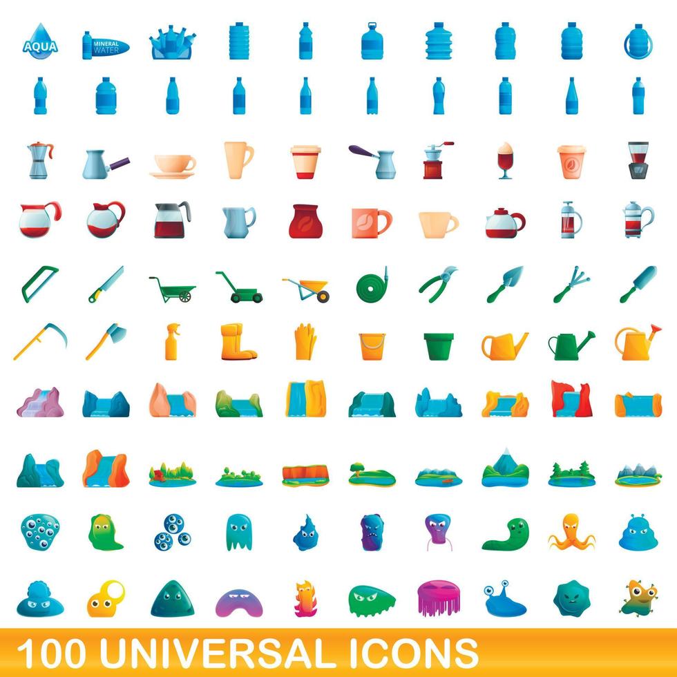 100 universal icons set, cartoon style vector