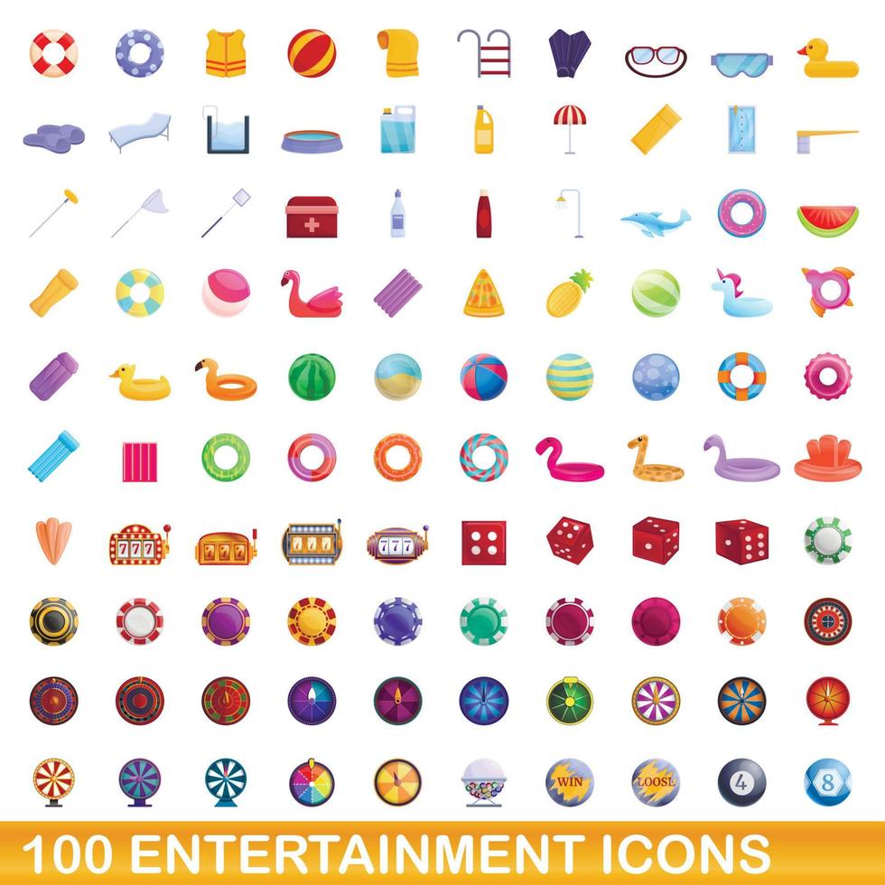 100 iconos de entretenimiento, estilo de dibujos animados vector