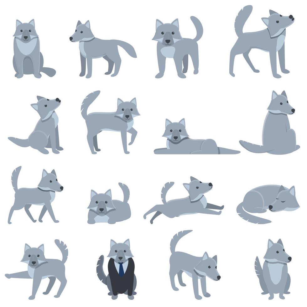 Wolf icons set, cartoon style vector