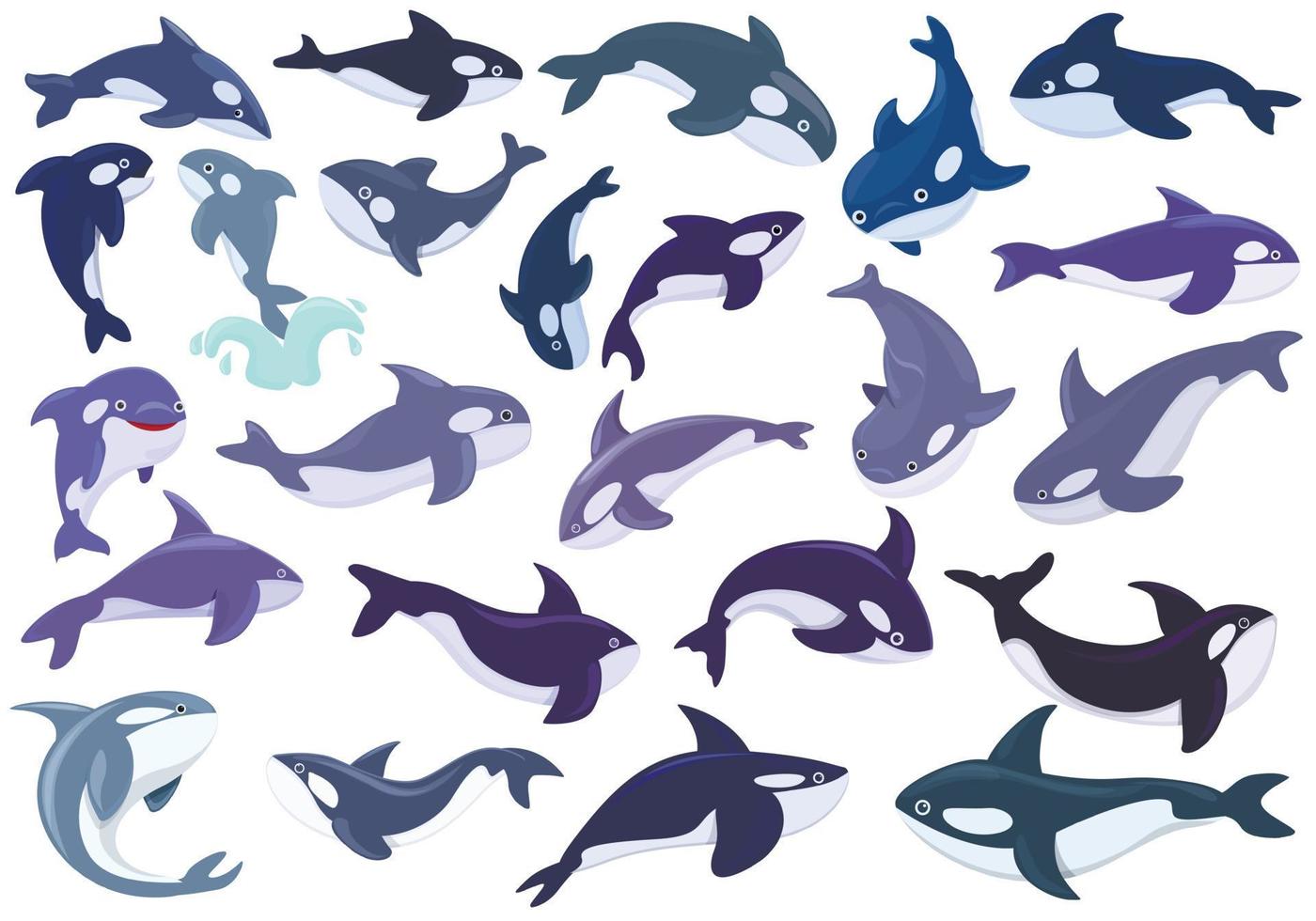 Killer whale icons set, cartoon style vector