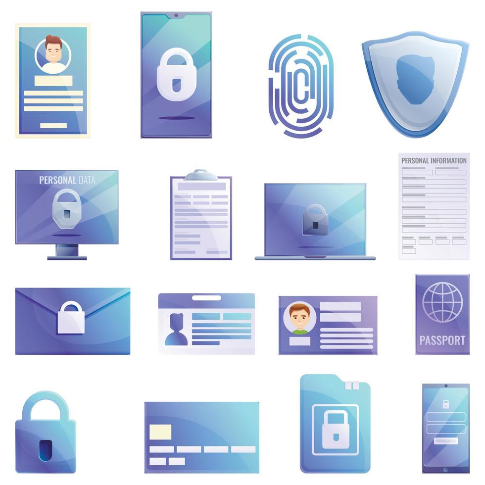 Personal information icons set, cartoon style vector