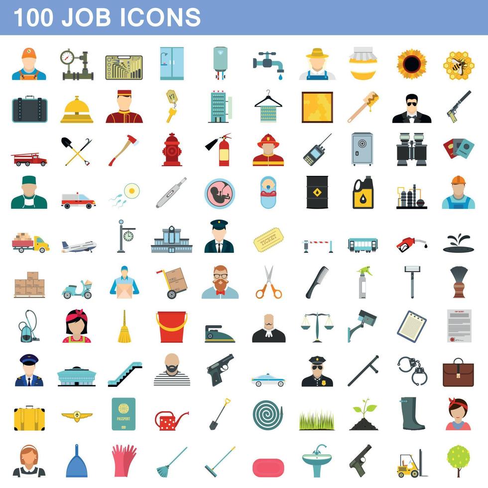 100 job icons set, flat style vector