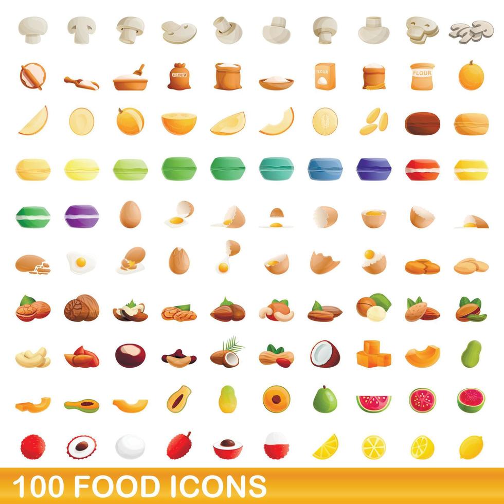 100 food icons set, cartoon style vector