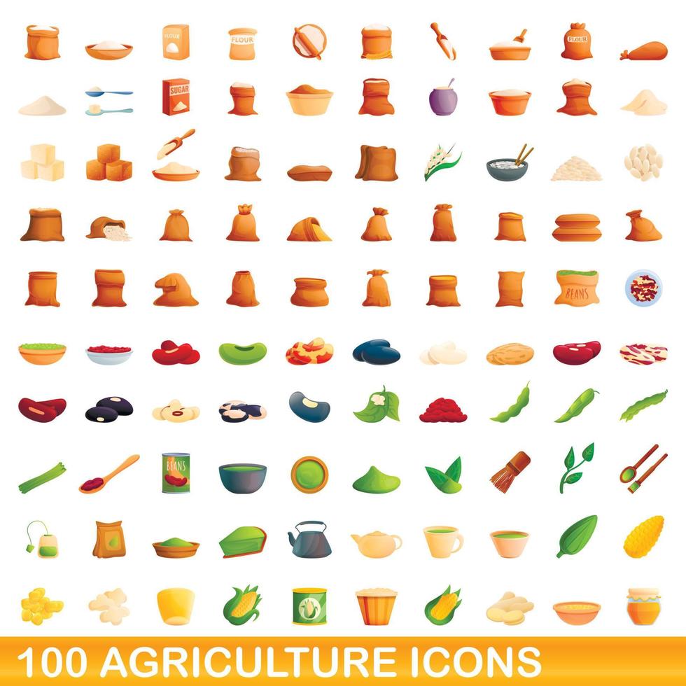 100 agricultura, conjunto de iconos de estilo de dibujos animados vector