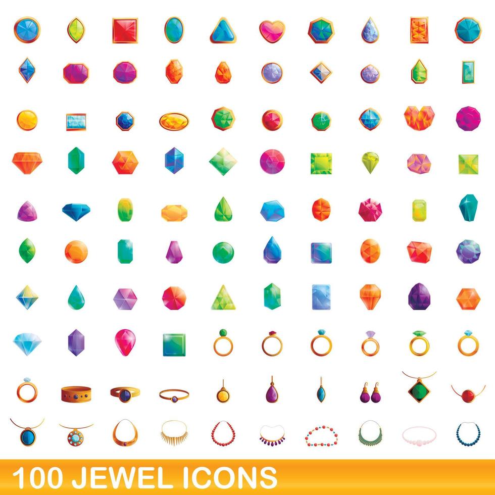 100 joyas, conjunto de iconos de estilo de dibujos animados vector