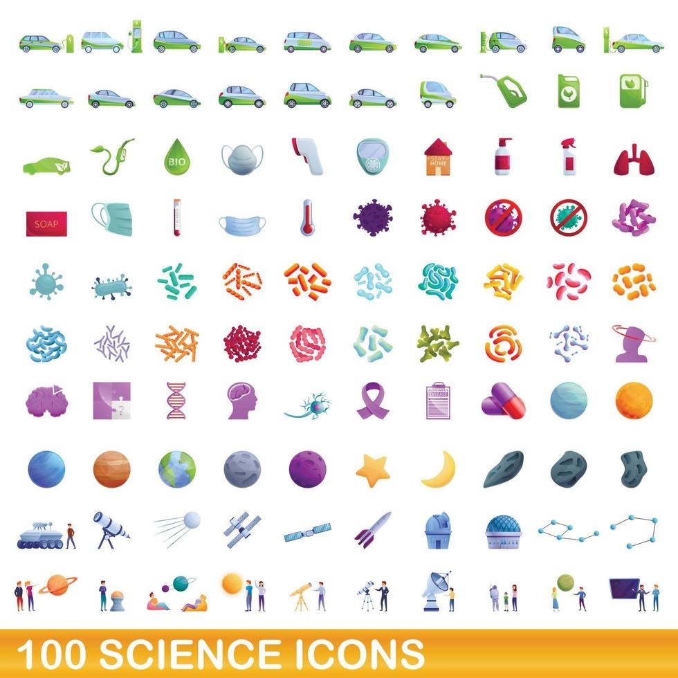 100 science icons set, cartoon style vector