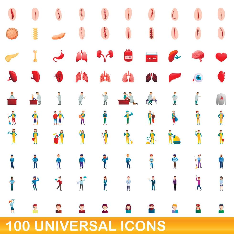 100 universal icons set, cartoon style vector