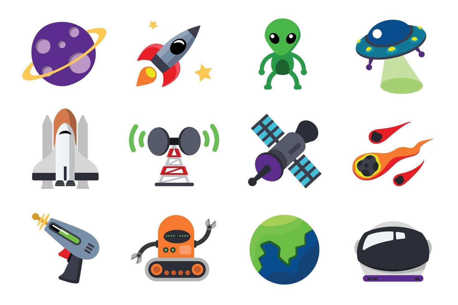 colección de vector de icono plano colorido, ilustración de vector de concepto de espacio aislado en fondo blanco, planeta, cohete, nave espacial, extraterrestre, satélite, robot, globo, casco de astronauta, etc.