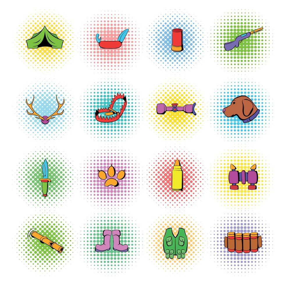 Hunting set icons, comics style vector