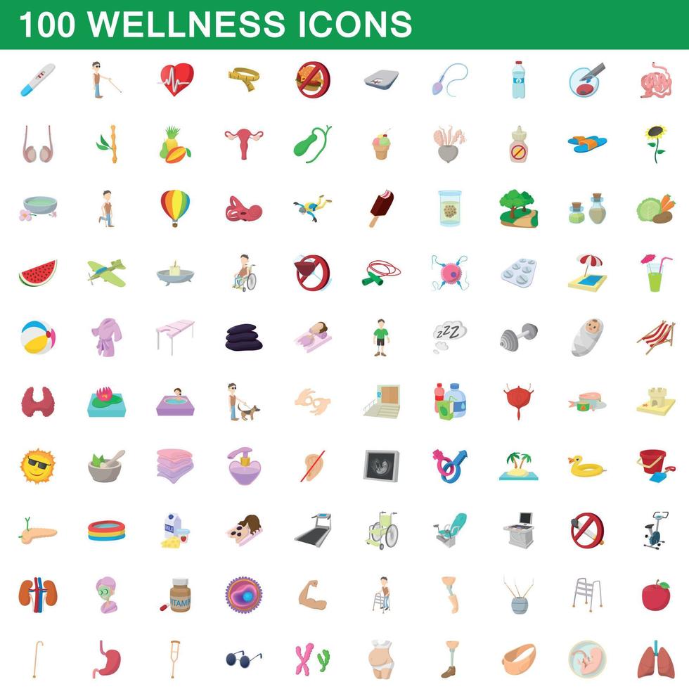 100 iconos de bienestar, estilo de dibujos animados vector