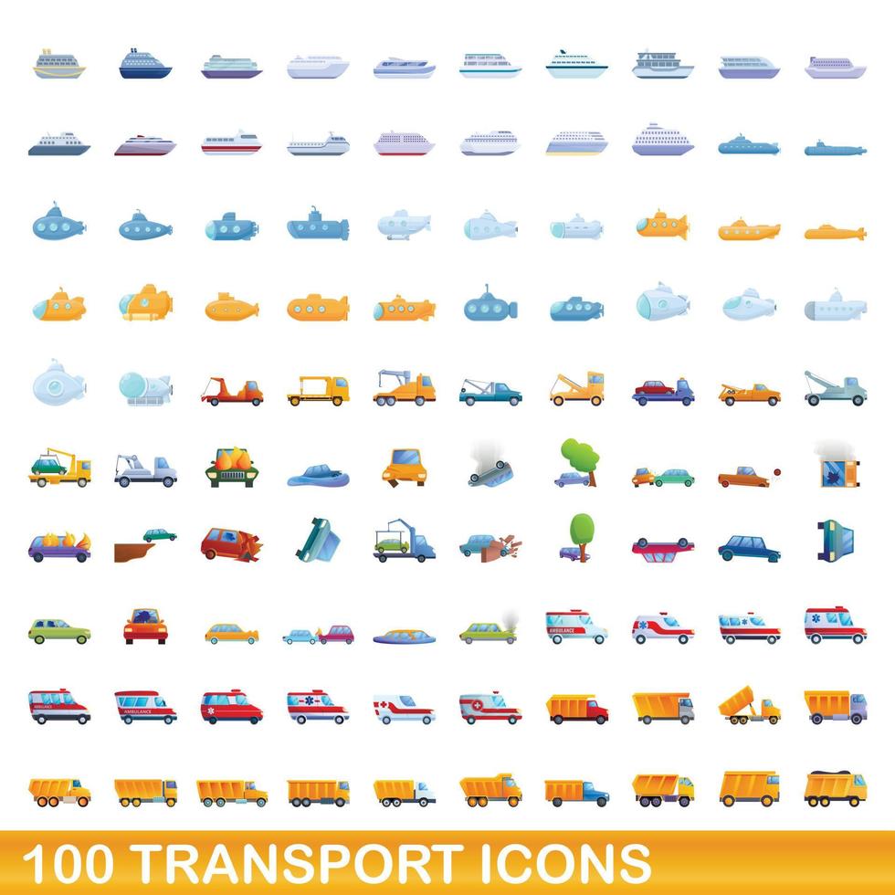 100 iconos de transporte, estilo de dibujos animados vector