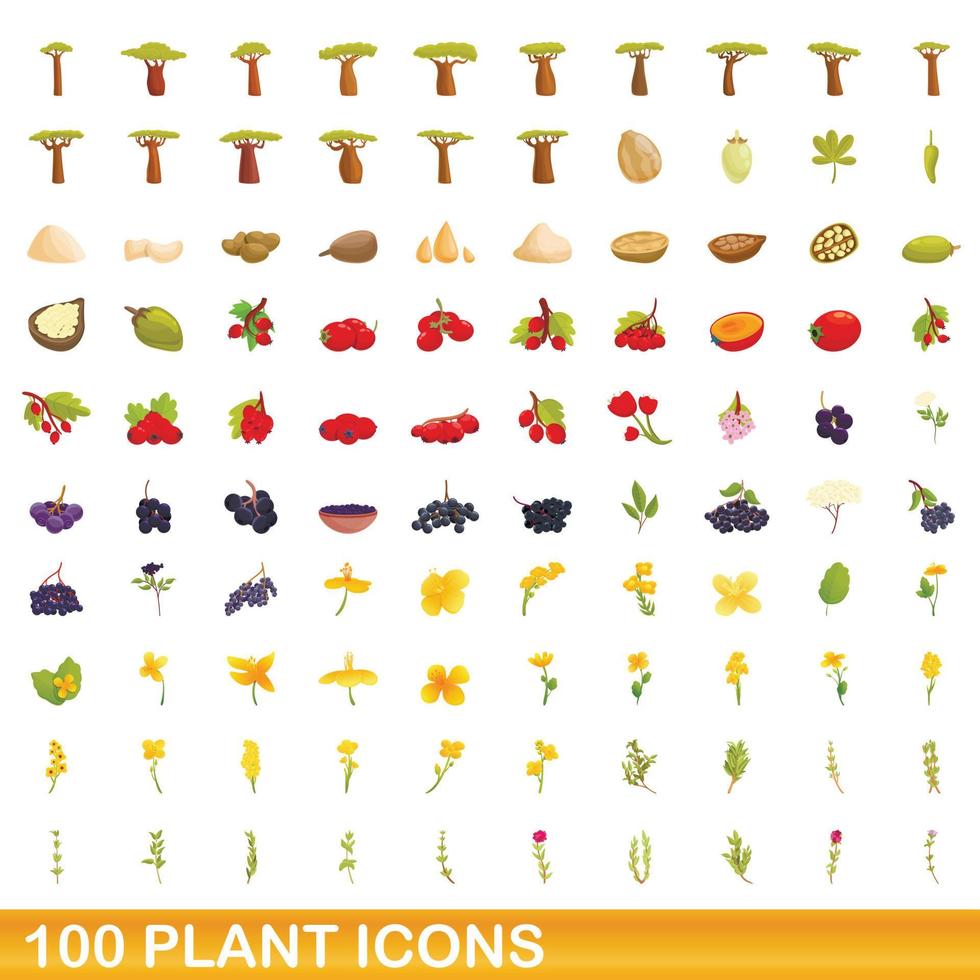 100 plant icons set, cartoon style vector