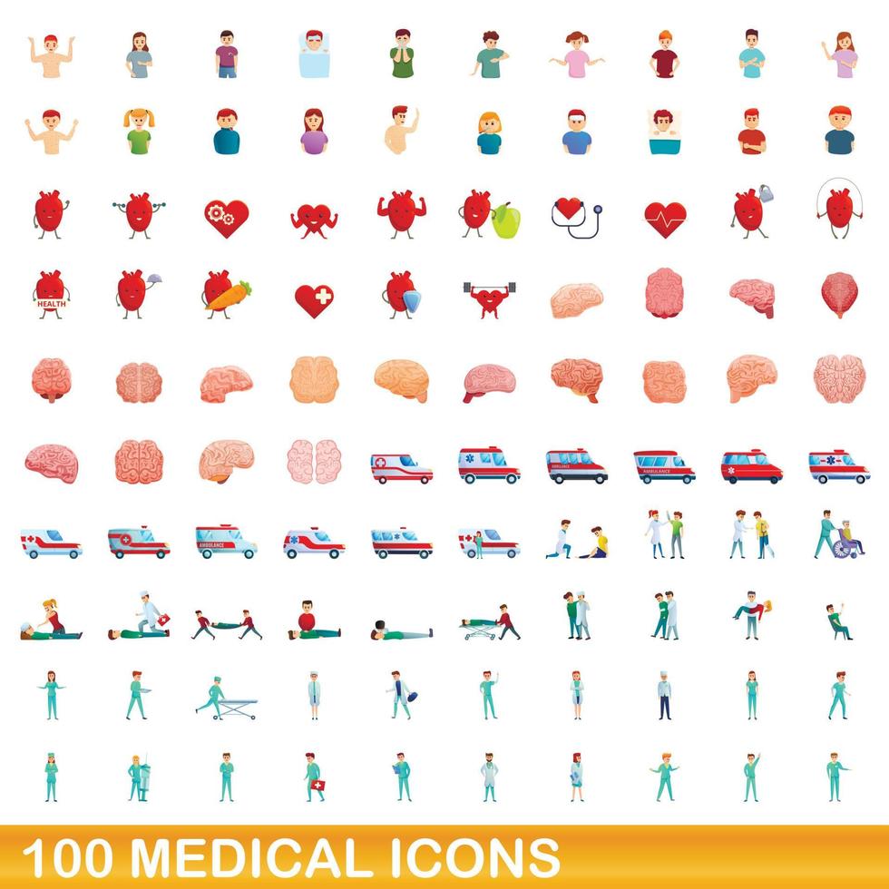 100 medical icons set, cartoon style vector