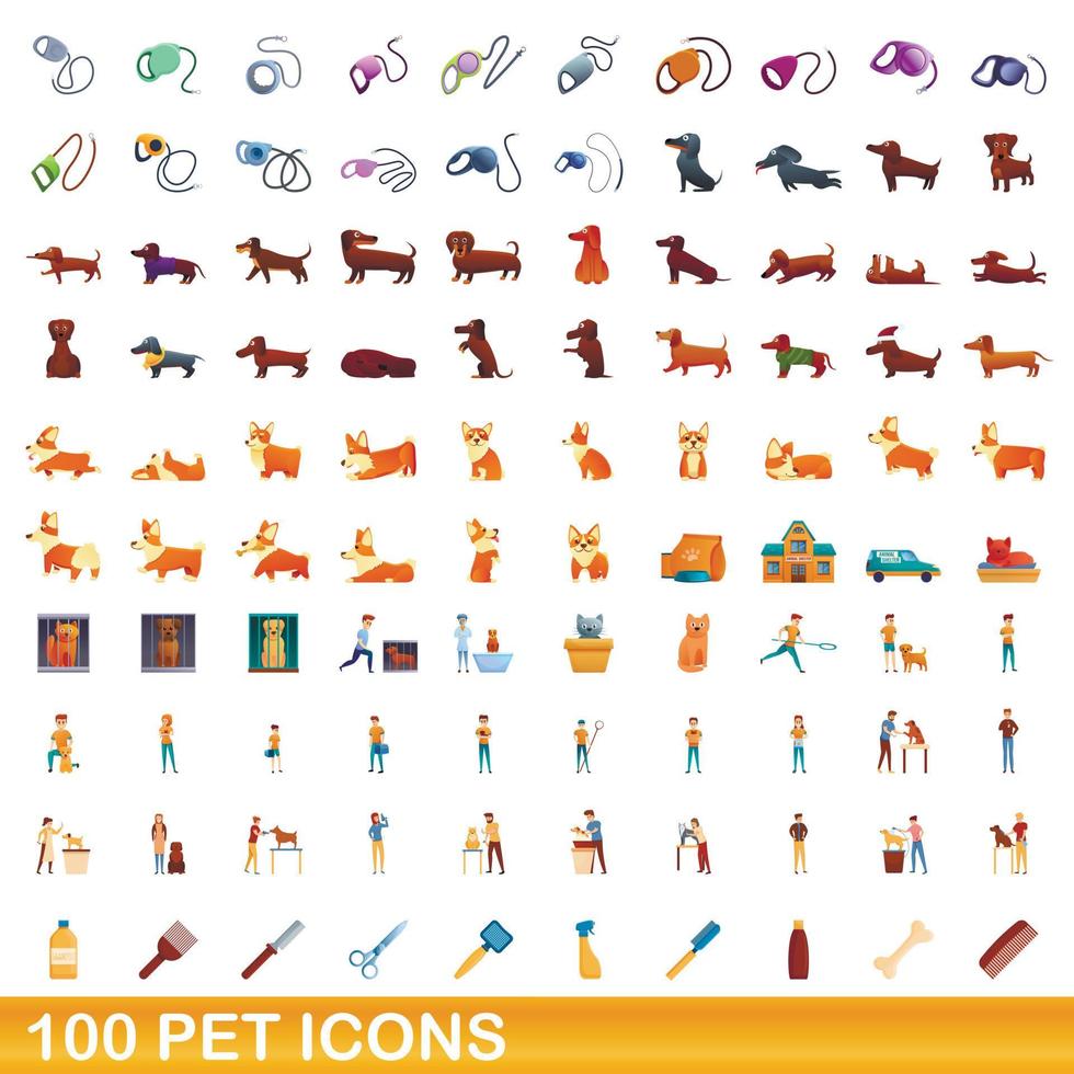 100 pet icons set, cartoon style vector