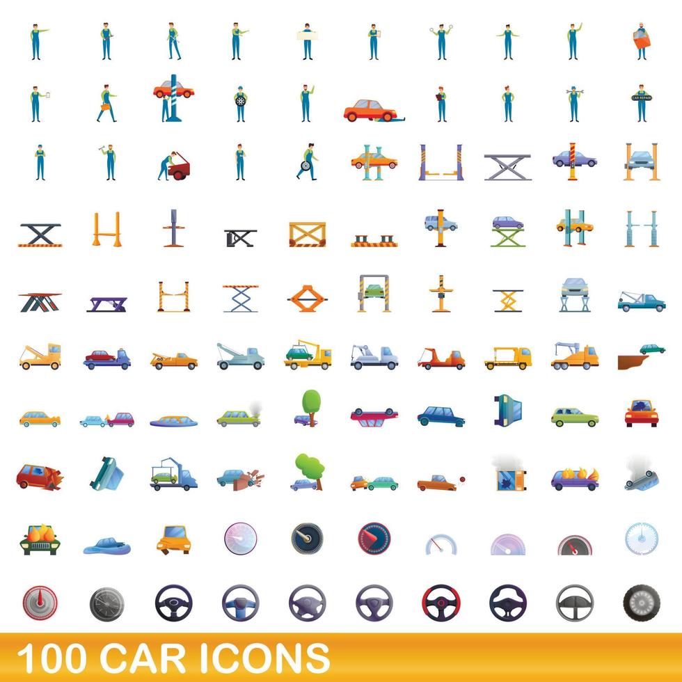 100 car icons set, cartoon style vector