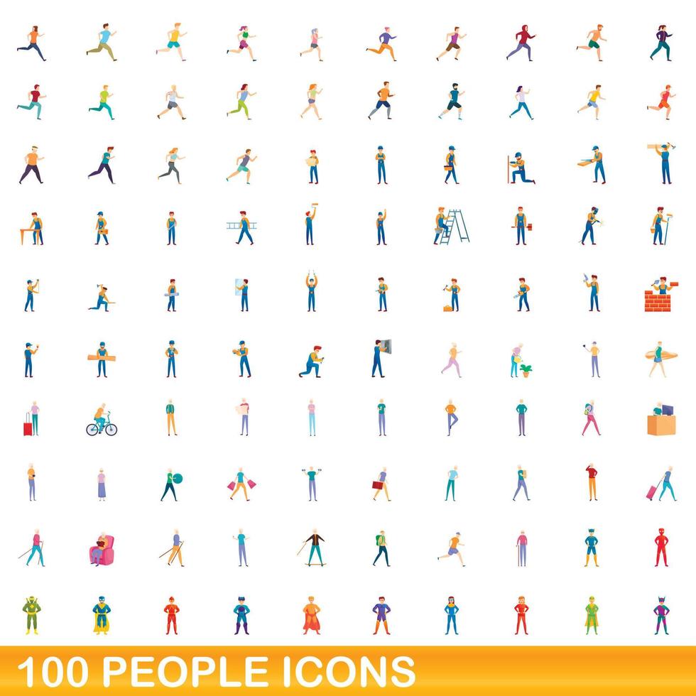 100 people icons set, cartoon style vector