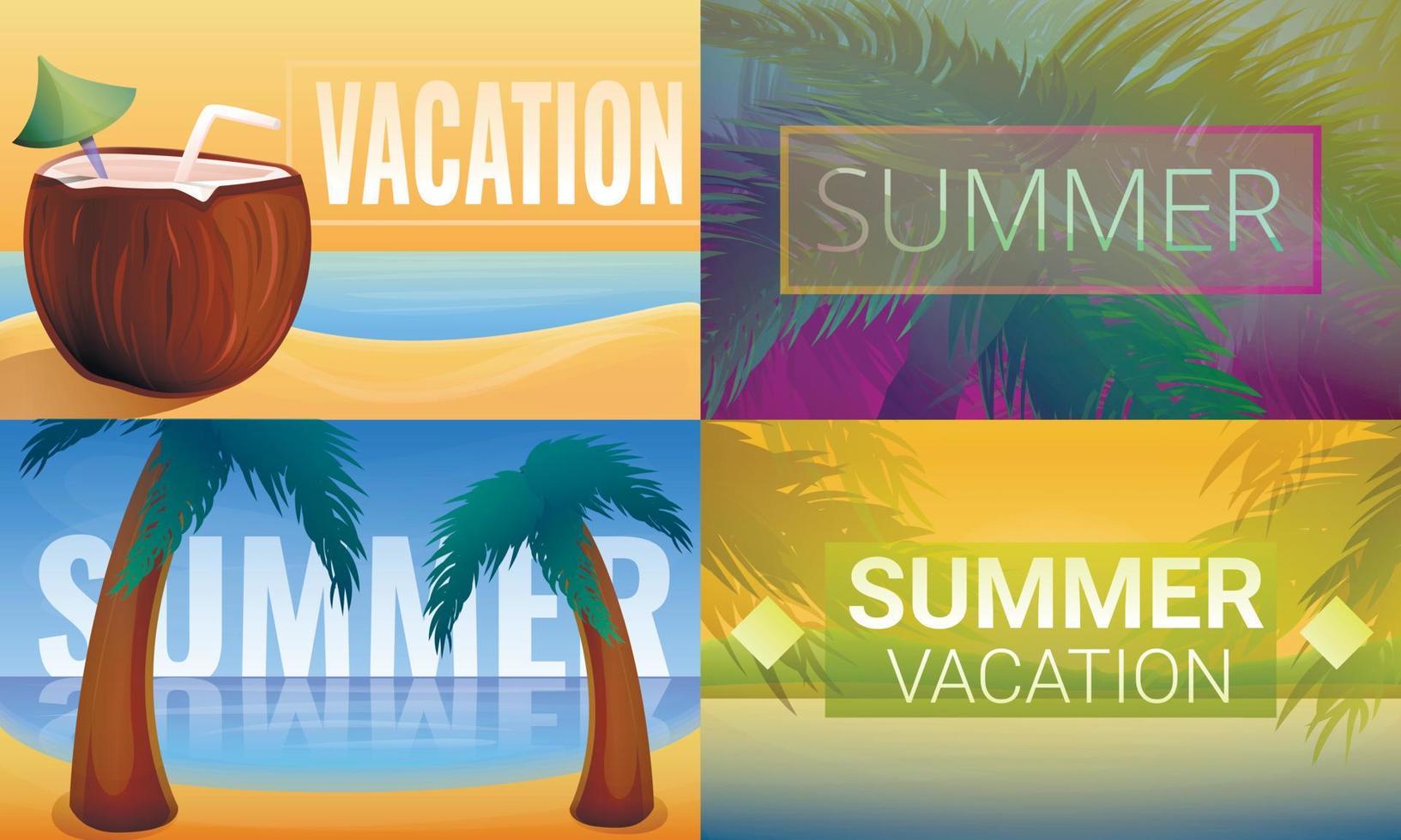 Sunny tropical resort banner set, cartoon style vector