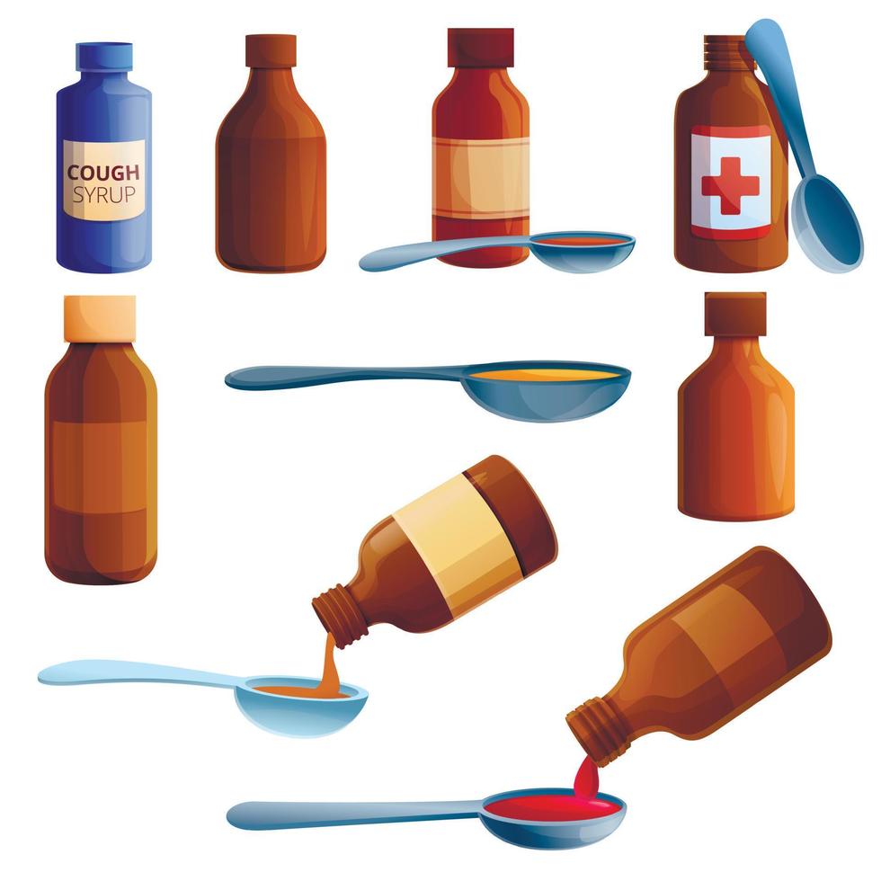 Cough syrup icons set, cartoon style vector