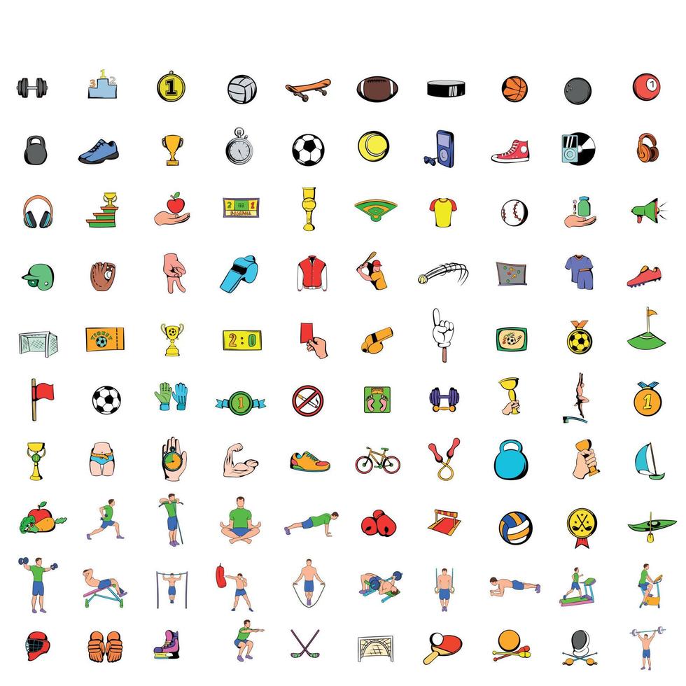 100 sport and fitness icons set, cartoon style vector