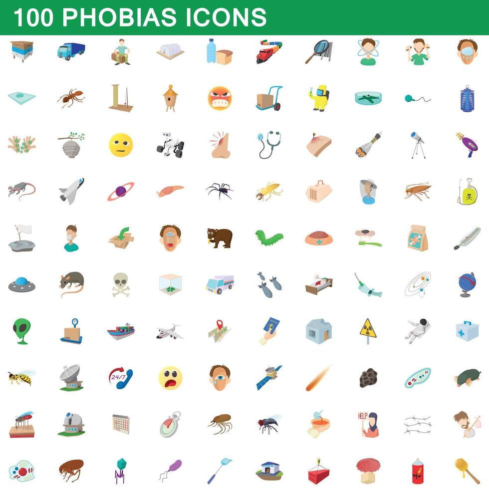 100 phobias icons set, cartoon style vector