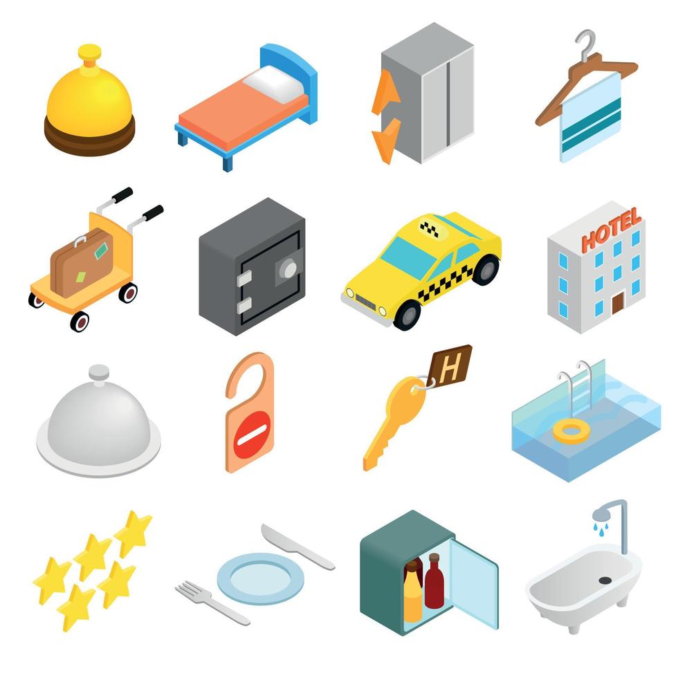 Hotel isometric 3d icons set vector