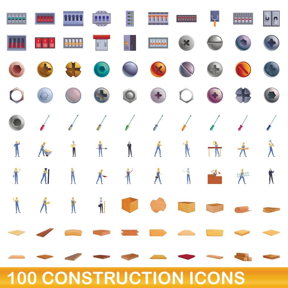 100 iconos de construcción, estilo de dibujos animados vector